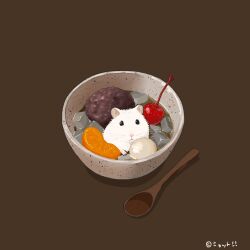  agar animal anmitsu_(dessert) bowl brown_background cherry commentary_request food fruit hamster no_humans on_food orange_(fruit) orange_slice original red_bean_paste simple_background spoon upiupisyo wooden_spoon 