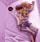 1boy 1girl amelie bed black_hair brown_hair hair_down hug ikari_shinji long_hair navel neon_genesis_evangelion no_shirt pillow shorts sleeping sleepy souryuu_asuka_langley spooning t-shirt wink