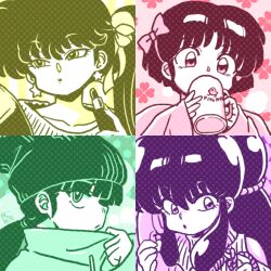  4girls black_hat bow commentary_request cup double_bun earrings hair_bow hair_bun hair_ribbon hat holding holding_cup holding_phone jewelry kunou_kodachi kuonji_ukyou long_hair mug multiple_girls phone pink_bow purple_hair ranma_1/2 ribbon shampoo_(ranma_1/2) side_ponytail sidelocks star_(symbol) star_earrings tendou_akane wanta_(futoshi) 