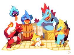  >_< barrel box charmeleon clothed_pokemon commentary_request fangs feraligatr full_body gastly gible highres jirachi manectric no_humans open_mouth pokemon pokemon_(creature) salanchu signature tongue tongue_out white_background yellow_eyes 