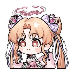  1girl :> arm_bow arm_warmers artist_request back_bow bare_shoulders bead_armlet beads blonde_hair blush_stickers bow bright_pupils brown_eyes chibi closed_mouth cone_hair_bun cropped_torso double_bun dreamtime_bestowed_(infinity_nikki) dress frilled_arm_warmers frills hair_beads hair_bow hair_bun hair_ornament halo happy heart heart_hair_ornament infinity_nikki jewelry large_bow layered_dress long_hair neck_ribbon necklace nikki_(series) official_art parted_bangs pink_bow pink_dress pink_halo pink_ribbon purple_bow purple_ribbon ribbon ribbon_earrings sidelocks sleeveless sleeveless_dress smile solo sticker_(medium) striped_bow tareme transparent_background twintails very_long_hair wavy_hair white_arm_warmers white_dress white_pupils wrist_bow 