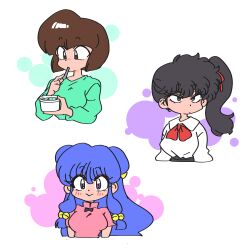  3girls bell black_hair blush brown_hair double_bun green_shirt hair_bell hair_bun hair_ornament kunou_kodachi multiple_girls purple_hair ranma_1/2 shampoo_(ranma_1/2) shirt side_ponytail sidelocks simple_background smile tendou_nabiki wanta_(futoshi) white_background white_shirt 