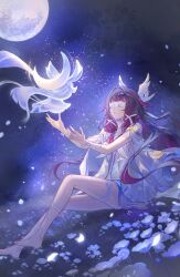  1girl barefoot closed_eyes columbina_(genshin_impact) commentary dress eye_mask flower full_body genshin_impact glowing hair_ornament hand_up highres hitohachan light_particles long_hair luonnotar_(genshin_impact) mask moon multicolored_hair night petals see-through_clothes see-through_mask sitting sky solo sparkle star_(sky) starry_sky untranslatable_commentary white_mask wing_hair_ornament x-shaped_eyewear 