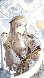 1girl :/ absurdres asymmetrical_sleeves closed_mouth elbow_gloves gate gloves grey_eyes grey_hair grey_sky hair_ornament hand_up highres long_hair looking_at_viewer lorentz_butterfly mole mole_under_eye reverse:1999 shirt single_elbow_glove sky solo twirling_hair uneven_sleeves upper_body white_shirt wvw yellow_gloves 