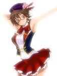  1girl armpits arms_up blush breasts brown_eyes brown_hair eunos glasses grin hat hat_ornament idol k-on! manabe_nodoka red-framed_glasses semi-rimless_glasses short_hair sketch skirt smile solo under-rim_glasses 