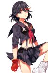  1girl black_eyes black_hair gloves highlights k_amatiku kill_la_kill matoi_ryuuko midriff navel school_uniform senketsu serafuku shoes short_hair skirt solo suspenders white_background 