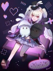 1girl absurdres artist_name bare_legs belt black_background black_belt black_choker black_gloves black_hat black_shoes black_sleeves blue_bow blush bow braid braided_sidelock breasts choker clothing_cutout club_(shape) collar commentary diamond_(shape) diamond_facial_mark diamond_on_cheek emoticon facial_mark fang frilled_bow frilled_collar frilled_skirt frilled_sleeves frills gloves grey_hair gugu hair_intakes hat hat_bow hat_ornament heart heart_facial_mark heart_on_cheek highres honkai:_star_rail honkai_(series) hugging_object kaomoji long_hair long_sleeves looking_at_viewer mark_under_both_eyes mini_hat mini_top_hat multicolored_hair open_mouth pink_eyes plaid_clothes plaid_sleeves ploomie poker rabbit_ear_headwear rabbit_hat_ornament red_eyes red_hair red_ribbon red_sleeves ribbon sailor_collar semi-rimless_eyewear shoe_soles shoes shoulder_cutout signature single_glove sitting skirt smile solo spade_(shape) sparkle_(honkai:_star_rail) sparxie_(honkai:_star_rail) speech_bubble streaked_hair supplicant_mask thigh_strap thumbs_up_emoji top_hat twintails very_long_hair white_hair white_skirt wide_sleeves 