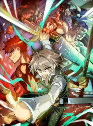  5boys assassin_(fate/zero) commentary_request emiya_shirou fate/apocrypha fate/grand_order fate_(series) fergus_mac_roich_(fate) grey_hair holding holding_sword holding_weapon male_focus mask multiple_boys muscular muscular_male nonono_nagata okada_izou_(fate) orion_(bear)_(fate) outstretched_arm purple_hair red_hair short_hair sieg_(fate) sword topless_male weapon 