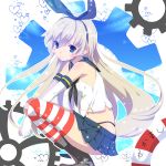  1girl blonde_hair blue_eyes blush_stickers boots elbow_gloves frown gears gloves hairband heart kantai_collection long_hair looking_at_viewer panties personification shimakaze_(kantai_collection) siso skirt solo squatting striped striped_legwear thighhighs underwear 