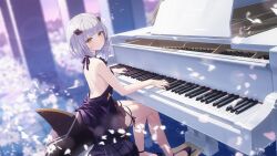  azur_lane black_dress dress explorer_(azur_lane) fins fish_tail game_cg hair_ornament highres instrument looking_at_viewer music non-web_source piano piano_bench playing_instrument playing_piano pov shark_tail short_hair sitting smile tail white_hair yellow_eyes 