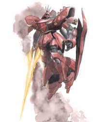  2025 arm_shield armor artist_name char's_counterattack commentary dated energy_sword gundam highres holding holding_sword holding_weapon joints looking_at_viewer mecha mecha_focus mixed-language_commentary mobile_suit no_humans one-eyed painting_(medium) robot robot_joints sazabi science_fiction shield shoulder_armor sword tgping thrusters traditional_media vernier_thrusters watercolor_(medium) weapon 