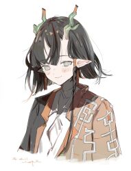  1girl arknights black_coat black_eyes black_hair closed_mouth coat commentary_request dated dragon_girl dragon_horns earrings highres horns jewelry jie_(arknights) light_smile looking_at_viewer multicolored_coat multicolored_hair orange_coat orange_hair pointy_ears pppmepl shirt short_hair signature simple_background solo streaked_hair tassel tassel_earrings two-tone_coat two-tone_hair upper_body white_background white_shirt 