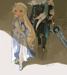  1boy 1girl aqua_coat armor armored_boots arms_behind_back artist_name back_bow bare_shoulders beret black_boots black_coat blonde_hair blue_bow blue_dress blue_eyes blue_ribbon boots bow braid closed_mouth coat cross-shaped_pupils detached_sleeves dress expressionless eyelashes facial_mark facing_away forehead_mark from_behind fur-trimmed_coat fur_trim gauntlets genshin_impact gest_of_the_mighty_wolf_(genshin_impact) gradient_clothes gradient_dress greatsword hair_ribbon hat high_heel_boots high_heels highres holding holding_sword holding_weapon long_hair long_sleeves looking_at_viewer nicole_reeyn pantyhose parted_bangs pauldrons pointy_ears ribbon shima_(vivi_do) shoulder_armor side_slit sidelocks single_gauntlet single_pauldron sleeveless sleeveless_dress standing sword symbol-shaped_pupils twitter_username varka_(genshin_impact) very_long_hair walking weapon white_boots white_dress white_hat white_pantyhose white_sleeves 