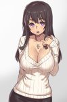  1girl black_hair blush breasts cleavage cross houtengeki jewelry large_breasts long_hair looking_at_viewer necklace open_mouth original ribbed_sweater rough solo sweater violet_eyes 