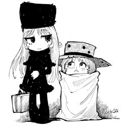  1boy 1girl black_capelet black_dress black_hat black_jacket bullet_hole cape capelet chibi chibi_only clenched_hand covered_mouth cowboy_hat dress eyelashes funeral_dress fur_hat ginga_tetsudou_999 hat holding holding_suitcase hoshino_tetsurou ikeda_masako jacket kiichi long_hair looking_at_another looking_to_the_side maetel monochrome papakha signature starry_sky_print suitcase 