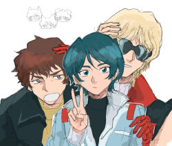  3boys aeug amuro_ray blonde_hair blue_eyes blue_hair brown_eyes brown_hair char_aznable commentary_request gundam highres kamille_bidan mahirohisatomi military_uniform multiple_boys science_fiction sketch sunglasses v zeta_gundam 