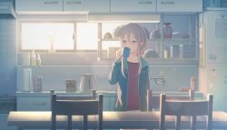  1girl amid_the_wavering_light_(project_sekai) blue_eyes blue_jacket bowl bowl_stack chair coffee_mug collarbone colorful_palette cooking_oil cup dot_nose double-parted_bangs drinking faucet flower game_cg hair_ornament hair_scrunchie highres indoors jacket kitchen long_hair long_sidelocks long_sleeves looking_to_the_side morning mug official_art open_clothes open_jacket plate plate_stack project_sekai purple_shirt refrigerator scrunchie shirt sidelocks solo standing table teapot third-party_source upper_body vase very_long_hair white_hair white_scrunchie window yellow_flower yoisaki_kanade zipper zipper_pull_tab 