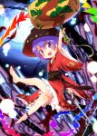  1girl ankle_ribbon arm_up ayakashi_(monkeypanch) bare_legs barefoot blush bowl full_moon hammer hat highres japanese_clothes kimono long_sleeves looking_at_viewer moon needle night obi open_mouth purple_hair sash shinmyoumaru_sukuna sky smile solo touhou violet_eyes wide_sleeves 