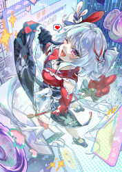  1girl absurdres ankle_garter belt black_belt black_choker black_gloves black_hat black_shoes black_sleeves blue_bow blush bow braid braided_sidelock breasts chinese_commentary choker clothing_cutout club_(shape) collar commentary_request danmaku_comments diamond_(shape) diamond_facial_mark diamond_on_cheek emoji facial_mark finger_to_face frilled_bow frilled_collar frilled_skirt frilled_sleeves frills from_above full_body gloves grey_hair hair_intakes hat hat_bow hat_ornament heart heart_facial_mark heart_on_cheek highres holding holding_weapon honkai:_star_rail honkai_(series) katongren livestream long_hair long_sleeves looking_at_viewer looking_up mark_under_both_eyes megaphone mini_hat mini_top_hat mixed-language_text multicolored_hair number_print one_eye_closed open_mouth pink_eyes plaid_clothes plaid_sleeves poker rabbit_ear_headwear rabbit_hat_ornament red_eyes red_hair red_ribbon red_sleeves ribbon sailor_collar semi-rimless_eyewear shoes shoulder_cutout single_glove skirt smile socks solo spade_(shape) sparkle_(honkai:_star_rail) sparxie_(honkai:_star_rail) spoken_heart standing streaked_hair supplicant_mask teeth television thumbs_up thumbs_up_emoji top_hat twintails upper_teeth_only very_long_hair weapon white_hair white_skirt white_socks wide_sleeves 