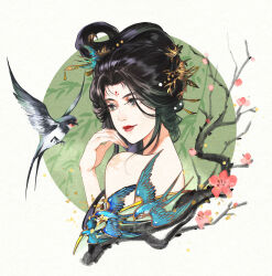  1girl absurdres bare_shoulders bird bird_hair_ornament black_bird black_hair blue_eyes branch chinese_commentary circle closed_mouth commentary_request cropped_torso facial_mark flower forehead_mark from_side hair_ornament hand_up highres light_smile long_hair looking_at_animal official_alternate_costume pink_flower portrait red_lips reverse:1999 solo sparrow white_background willow willow_(reverse:1999) wvw 