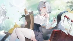  azur_lane baguette bird black_nails black_skirt bread breasts dress explorer_(azur_lane) fins fish_tail food game_cg hair_ornament highres holding holding_pastry_bag looking_at_viewer manjuu_(azur_lane) non-web_source pastry_bag pigeon pov shark_tail short_hair skirt tail thigh-highs white_dress white_hair white_thighhighs yellow_eyes 