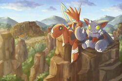  ^_^ artist_name bandaged_leg bandaged_tail bandages bandaid bandaid_on_arm bandaid_on_cheek bandaid_on_ear bandaid_on_face blue_sky closed_eyes closed_mouth clouds crossed_bandaids day fangs fangs_out forest frown gliscor highres house mountain mountainous_horizon nature no_humans omochi_(aoi_guruguru) outdoors pincers pokemon pokemon_(creature) scenery scizor signature sitting sky yellow_eyes 