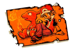  1boy baseball_cap breath_weapon breathing_fire brown_eyes brown_hair charmeleon claws commentary_request crossed_legs fire flame-tipped_tail full_body hat jacket looking_at_viewer open_mouth pokemon pokemon_(creature) pokemon_frlg red_(pokemon) seijun sitting tail wristband 