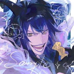  1boy black_gloves black_horns blue_hair blue_lips border caesar_clown candy commentary donquixote_doflamingo double-parted_bangs dr._vegapunk food gloves hair_between_eyes highres holding holding_candy holding_food horns long_hair looking_at_viewer lucis0407 male_focus one_piece open_mouth outside_border sample_watermark smile teeth watermark white_border yellow_eyes 