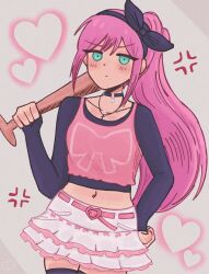  1girl alternate_costume anger_vein angry aqua_eyes aubrey_(faraway)_(omori) aubrey_(omori) baseball_bat belt berry_(extrauuberry) black_choker black_hairband black_shirt black_thighhighs blush bow_hairband breasts buckle choker closed_mouth collarbone commentary cowboy_shot cross cross_necklace double-parted_bangs film_grain frilled_skirt frills grey_background hair_between_eyes hairband hand_on_own_hip hand_up hatching_(texture) heart heart-shaped_buckle heart_background high_ponytail highres holding holding_baseball_bat jewelry long_hair long_sleeves midriff miniskirt navel necklace no_sclera omocat_(style) omori over_shoulder pink_belt pink_hair ponytail rabbit_choker shirt sidelocks simple_background skirt sleeves_past_wrists small_breasts solo standing thigh-highs untranslatable_commentary v-shaped_eyebrows very_long_hair weapon weapon_over_shoulder white_skirt zettai_ryouiki 