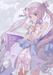  1girl :o absurdres arm_bow arm_warmers bare_shoulders bow bowtie bubble_skirt chinese_commentary choker clouds collarbone commentary_request cowboy_shot crescent_moon dot_nose double_bun double_finger_gun dreamtime_bestowed_(infinity_nikki) dress dress_bow drill_hair expressionless finger_gun frilled_arm_warmers frilled_choker frills grey_sky hair_bow hair_bun hair_ornament heart heart_hair_ornament highres infinity_nikki layered_dress light_particles long_hair looking_at_viewer moon neck_ribbon night nikki_(series) official_alternate_color open_mouth outdoors parted_bangs purple_bow purple_choker purple_dress purple_hair purple_ribbon ribbon ribbon_earrings sailor_moon_pose short_dress sidelocks skirt sky sleeveless sleeveless_dress so_ni_ni solo spaghetti_strap sparkle standing twin_drills very_long_hair violet_eyes wavy_hair white_bow white_bowtie white_dress wrist_bow yellow_arm_warmers 