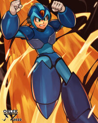  1boy absurdres android armor arms_up artist_logo blue_armor blue_helmet clenched_hands clenched_teeth dated eruption forehead_jewel green_eyes helmet highres lava logo male_focus mega_man_(series) mega_man_x3 mega_man_x_(series) orlek robot robot_ears scene_reference solo teeth x_(mega_man) 