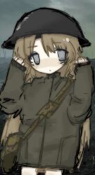  1girl absurdres anders_breivik animification bag black_helmet blush brown_bag brown_hair closed_mouth commentary cowboy_shot empty_eyes english_commentary expressionless facing_viewer flat_color frown genderswap genderswap_(mtf) grey_eyes grey_jacket grey_sky hair_between_eyes hands_up helmet highres jacket jitome long_hair long_sleeves looking_to_the_side no_nose no_pants no_pupils nose_blush outdoors pale_skin petite puffy_long_sleeves puffy_sleeves real_life shoulder_bag sky sleeves_past_wrists solo standing straight-on true_crime turtleneck turtleneck_jacket very_long_hair wenzii zipper_pull_tab 