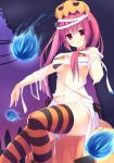  1girl bikini breasts cleavage hair_ornament hitodama jack-o&#039;-lantern long_hair looking_at_viewer megarisu night night_sky open_mouth original outstretched_arms pink_hair pumpkin red_eyes sitting sky solo swimsuit thighhighs twintails zombie_pose 