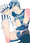  2boys aviator_cap birthmark blue_eyes blue_hair caesar_anthonio_zeppeli feathers fingerless_gloves gloves grey_hair hair_feathers hat headband jojo_no_kimyou_na_bouken joseph_joestar_(young) multiple_boys pointing shirt star striped striped_shirt vest zkrb 