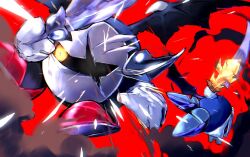  armor bat_wings battle commentary_request dark_meta_knight doran_(azuhoon157) galaxia_(sword) gloves holding holding_sword holding_weapon kirby_&amp;_the_amazing_mirror kirby_(series) meta_knight no_humans pauldrons red_background shoulder_armor sword torn_wings weapon white_gloves wings yellow_eyes 