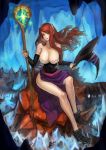  1girl breasts brown_eyes brown_hair cleavage detached_sleeves dragon&#039;s_crown dress hat hat_removed headwear_removed highres holding holding_hat large_breasts long_hair ryuuzaki_ichi sitting solo sorceress_(dragon&#039;s_crown) staff strapless_dress witch_hat 