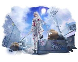  1girl 2boys @_@ arm_on_own_leg armband artist_request bandaid bandaid_on_head bear_mask bird chain-link_fence clouds crossed_bandaids day delinquent falling_petals fence golan_(path_to_nowhere) hair_over_one_eye high_heels highres lens_flare long_hair mask multicolored_hair multiple_boys official_alternate_costume path_to_nowhere petals pink_armband pink_streaks power_lines shinai shirt shoes skirt streaked_hair sukeban sun sunglasses sunlight sword toothpick transformer unworn_eyewear utility_pole very_long_hair weapon white_shirt white_shoes white_skirt yellow_eyes 