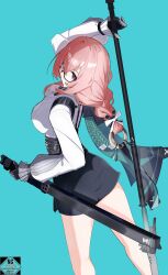 1girl absurdres black_gloves black_skirt blue_background breasts closed_mouth commentary_request cow cowboy_shot glasses gloves hair_between_eyes high-waist_skirt highres holding holding_polearm holding_weapon large_breasts long_sleeves naginata pencil_skirt pink_eyes pink_hair polearm ring_hair_ornament shirt skirt solo tsukishiro_yanagi weapon white_shirt zenless_zone_zero zeroartwo 