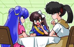  3girls bow brown_hair chair commentary_request double_bun green_eyes hair_bow hair_bun hair_ribbon kunou_kodachi kuonji_ukyou long_hair multiple_girls on_chair open_mouth ponytail ranma_1/2 red_ribbon ribbon school_uniform serafuku shampoo_(ranma_1/2) sidelocks sitting skirt table wanta_(futoshi) white_bow yellow_bow 
