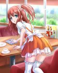  1girl anna_miller blue_eyes brown_hair chaki-yam side_ponytail solo table thighhighs waitress white_legwear wiping 