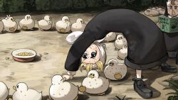  2girls animal_ears bending_backward bib bird black_shoes blonde_hair blue_eyes book brown_eyes brown_hair bush chicken clumsy_nun_(diva) commentary corn diva_(hyxpk) duck english_commentary froggy_nun_(diva) highres little_nuns_(diva) multiple_girls nervous_sweating nun rabbit_ears shoes smile sweat traditional_nun triangle_mouth 