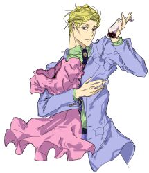  1boy absurdres blonde_hair diamond_wa_kudakenai formal_clothes gagaga_g_4 highres jojo_no_kimyou_na_bouken killer_queen kira_yoshikage male_focus necktie pinstripe_pattern pinstripe_shirt purple_suit severed_hand shirt solo suit 