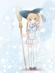  1girl ascot blonde_hair blue_eyes broom hat ko_ru_ri looking_at_viewer mary_janes shoes skirt solo thighhighs twintails white_legwear witch_hat 