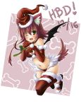  1girl animal_ears blush dated elbow_gloves fang gloves green_eyes happy_birthday hat okitakung open_mouth paw_pose santa_hat smile tail thighhighs wings wink 
