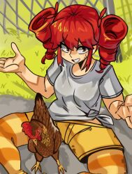 1girl 1other animal birdbrain_(synthesizer_v) chicken kasane_teto kasane_teto_(sv) presenting rooster striped_legwear striped_socks synthesizer_v twin_drills twintails white_shirt yellow_shorts