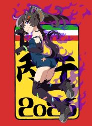  1girl 2026 animal_ears ass bandaid bandaid_on_ass bandaid_on_clothes bandaid_on_leg bare_shoulders black_gloves black_hair black_leg_warmers black_tail border bracelet carrot_hair_ornament chinese_zodiac closed_mouth commentary_request cowlick crossed_bandaids elbow_gloves fiery_aura flat_chest food-themed_hair_ornament from_side full_body gloves hair_between_eyes hair_ornament hands_up high_heels high_ponytail horse_ears horse_girl horse_tail horseshoe_hair_ornament jewelry jpeg_artifacts leg_warmers long_hair looking_at_viewer midair original outside_border paw_pose pinky_out ponytail purple_aura red_border school_swimsuit sidelocks smile solo strap_slip swimsuit tail violet_eyes watanabe_akio year_of_the_horse 