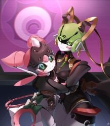  2girls aria_(zenless_zone_zero) bandaid bandaid_on_cheek bandaid_on_face black_sclera black_skin breasts bright_pupils colored_sclera colored_skin commentary cowboy_shot earrings english_text gold_earrings green_eyes green_pupils highres hoop_earrings hug humanoid_robot jewelry joints looking_at_viewer mechanical_ears metal_hair metal_skin multicolored_skin multiple_girls pink_skin rati_(absoluteblue) robot robot_girl robot_joints small_breasts smile solo straight-on teeth thick_thighs thighs two-tone_skin vesper_(zenless_zone_zero) wide_hips zenless_zone_zero 