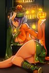  center_opening halloween hat highres jack-o&#039;-lantern jiangshi legs long_sleeves original purple_hair red_eyes tamachi_kuwa 