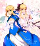  2girls ahoge astarone blonde_hair bow cleavage_cutout dress dual_persona fate/stay_night fate/unlimited_codes fate_(series) gloves green_eyes hair_bow hair_ribbon multiple_girls ponytail ribbon saber saber_lily white_gloves 