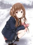  1girl blush brown_eyes brown_hair jacket long_hair looking_at_viewer original skirt skirt_set smile snow solo squatting u_u_(mooooooou) 